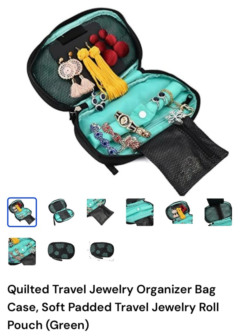 Quilted Travel Jewelry Organizer Bag in Turquoise Green